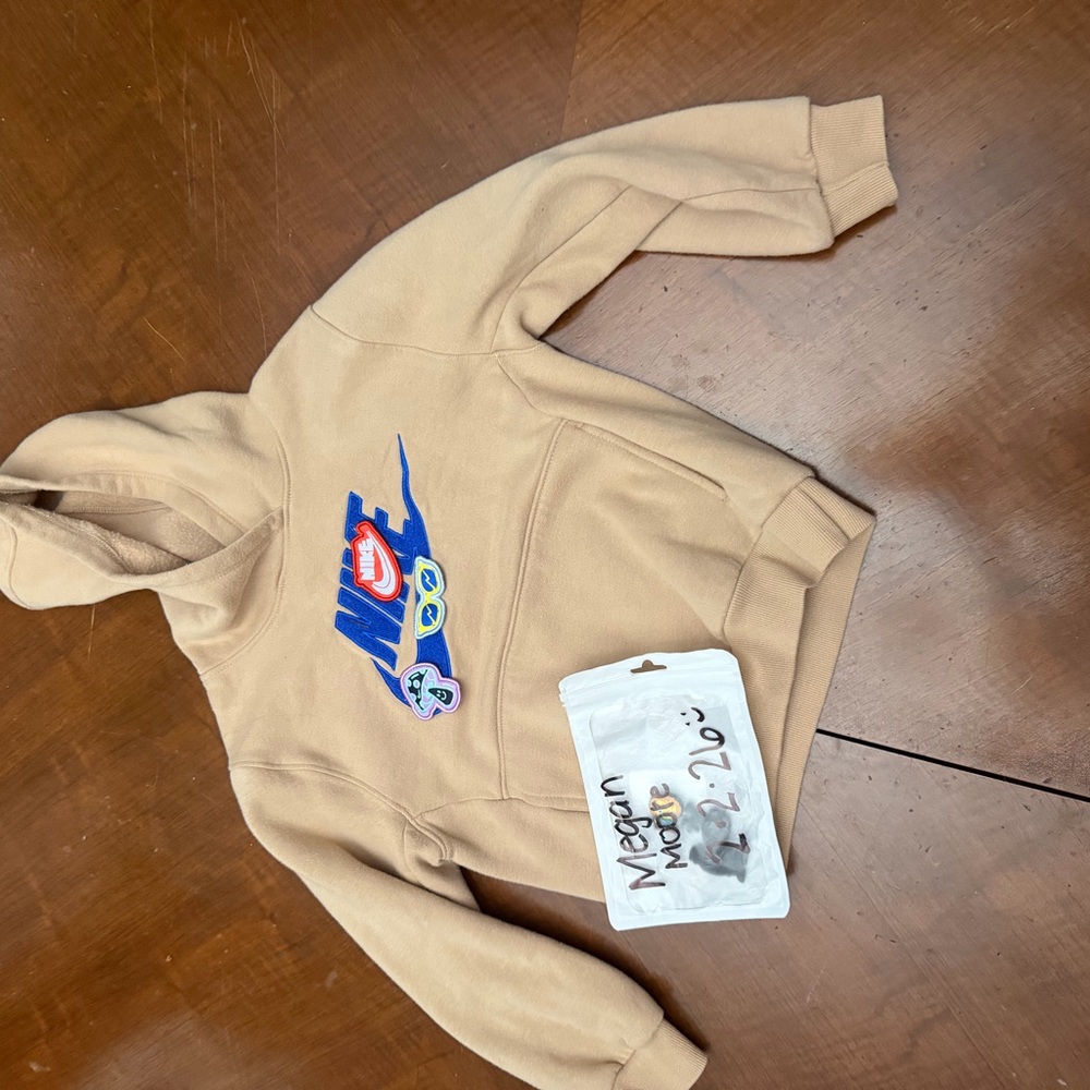 Nike Tan Hoodie with Blue and Yellow Accents